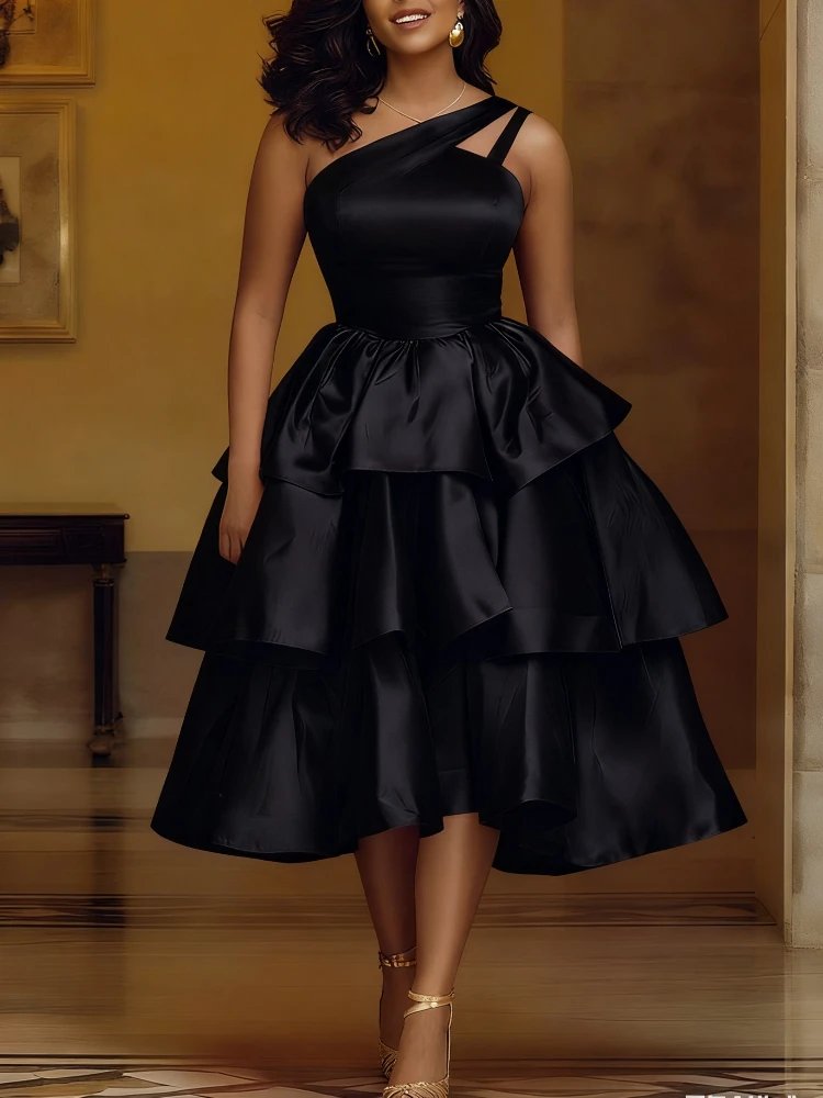 Fleepmart Women Elegant Shiny One Shoulder Ruffle Layered Christmas Party Dresses Date Out Birthday Wedding Guest Event Occasion Gowns New