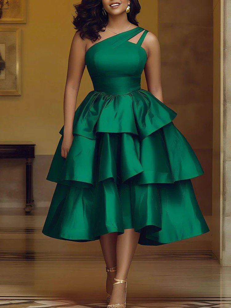 Fleepmart Women Elegant Shiny One Shoulder Ruffle Layered Christmas Party Dresses Date Out Birthday Wedding Guest Event Occasion Gowns New