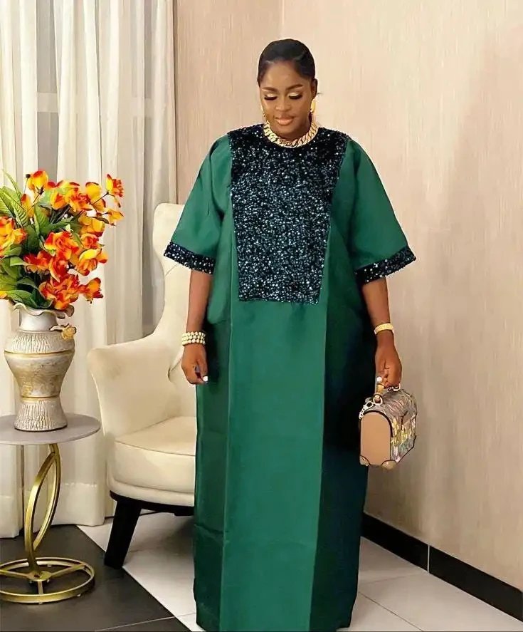 Fleepmart Kaftan Dress for Church African Dresses Women Shiny Sequined Traditional Africa Clothing Long Loose Patchwork O Neck Gowns