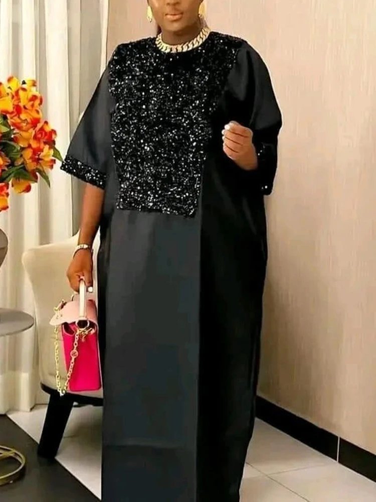 Fleepmart Kaftan Dress for Church African Dresses Women Shiny Sequined Traditional Africa Clothing Long Loose Patchwork O Neck Gowns