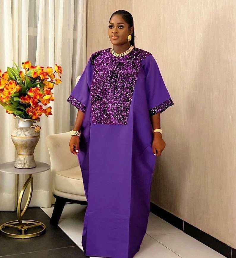 Fleepmart Kaftan Dress for Church African Dresses Women Shiny Sequined Traditional Africa Clothing Long Loose Patchwork O Neck Gowns