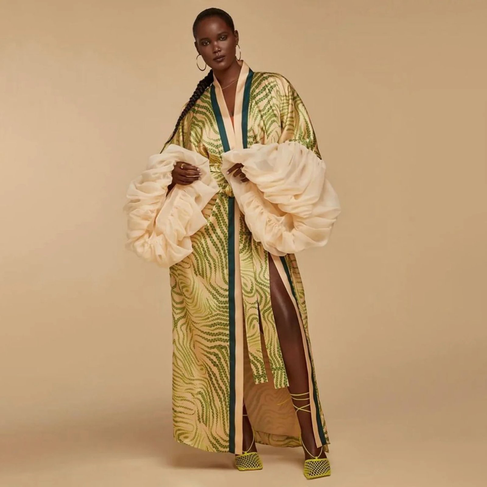 Fleepmart African Female Ordinary Kaftan Robe Fashion Loose Puff Sleeves Bold Print Colorblock Boubou Gowns Causal Beach Party Occasions