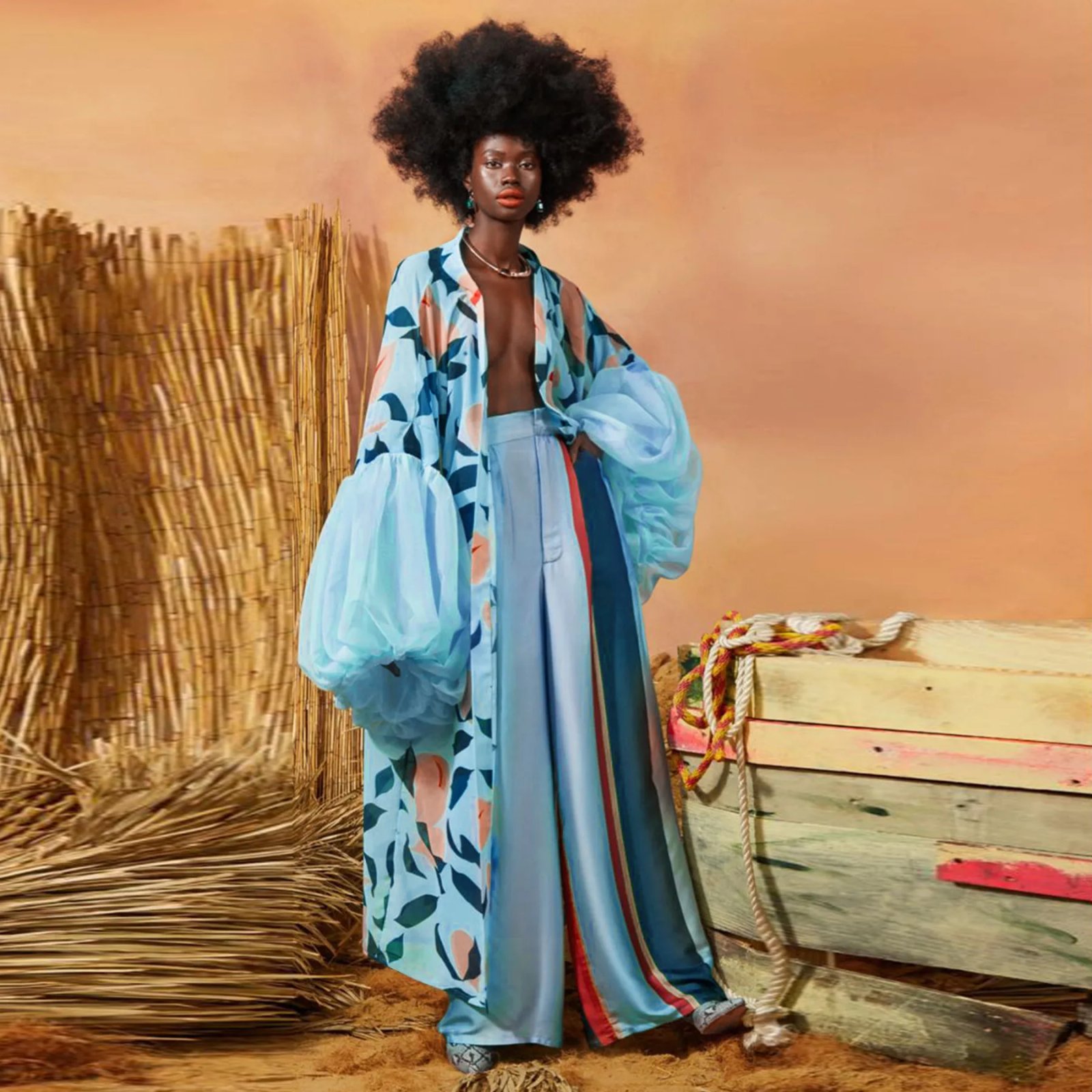 Fleepmart African Female Ordinary Kaftan Robe Fashion Loose Puff Sleeves Bold Print Colorblock Boubou Gowns Causal Beach Party Occasions