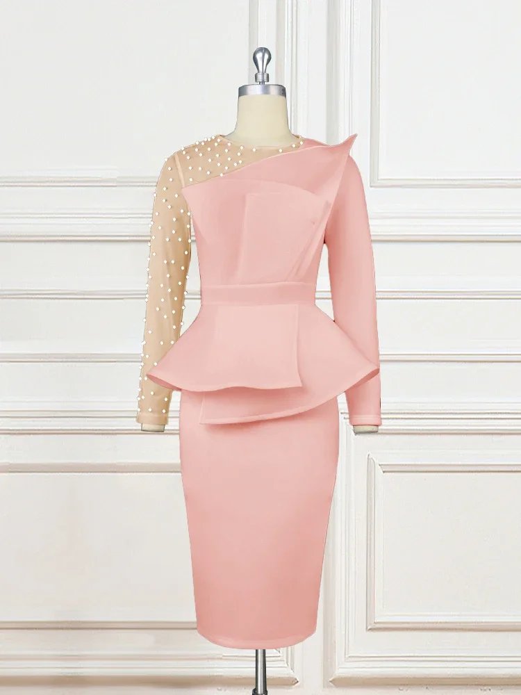 Fleepmart Bodycon Dress Solid Color O-Neck Beaded Long Sleeve High Waist Peplum Womens Queue Cocktail Venue Evening Dress 2024 New