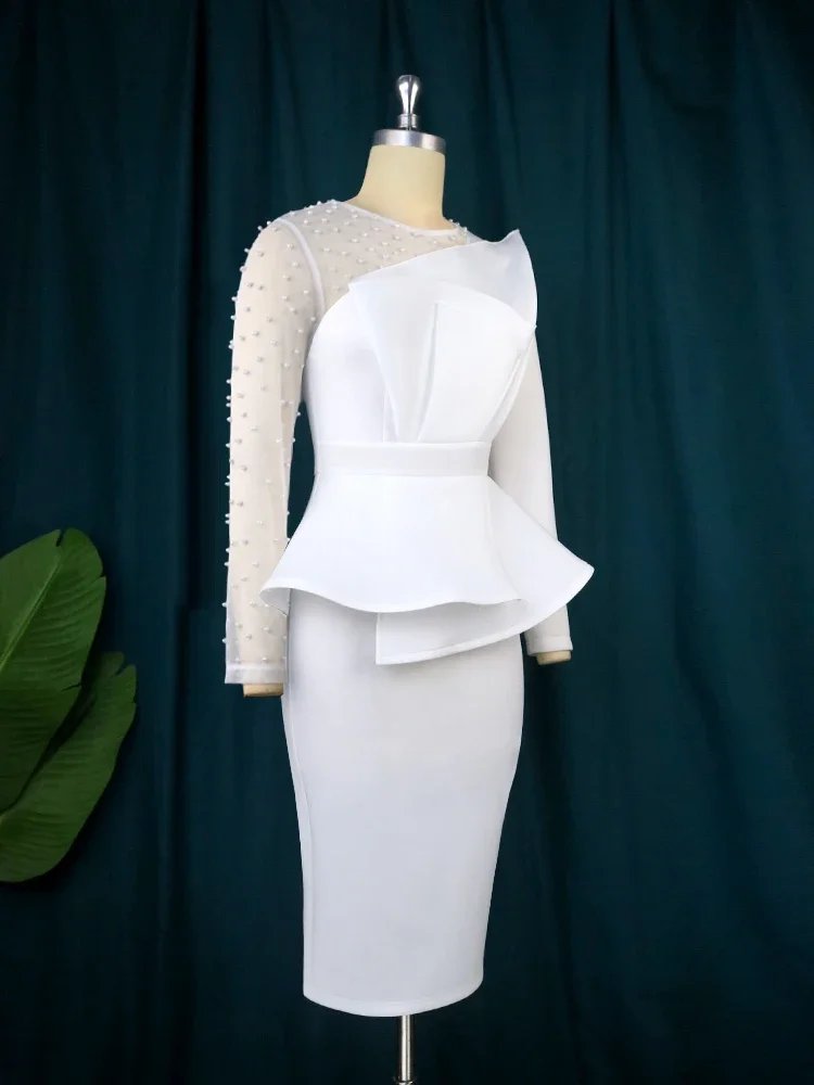 Fleepmart Bodycon Dress Solid Color O-Neck Beaded Long Sleeve High Waist Peplum Womens Queue Cocktail Venue Evening Dress 2024 New
