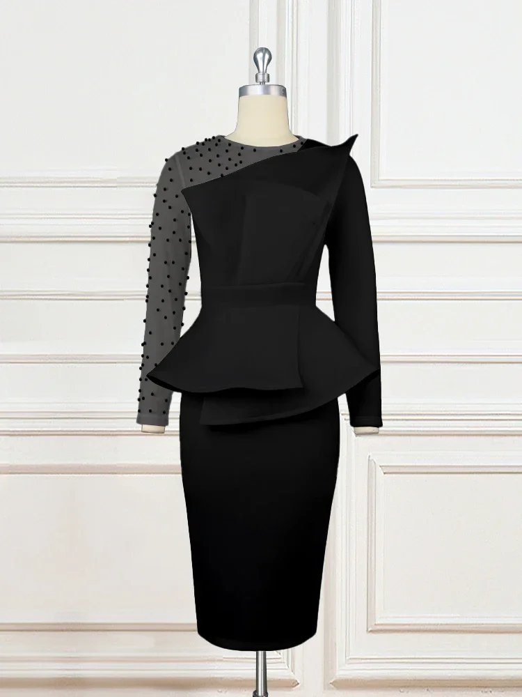 Fleepmart Bodycon Dress Solid Color O-Neck Beaded Long Sleeve High Waist Peplum Womens Queue Cocktail Venue Evening Dress 2024 New
