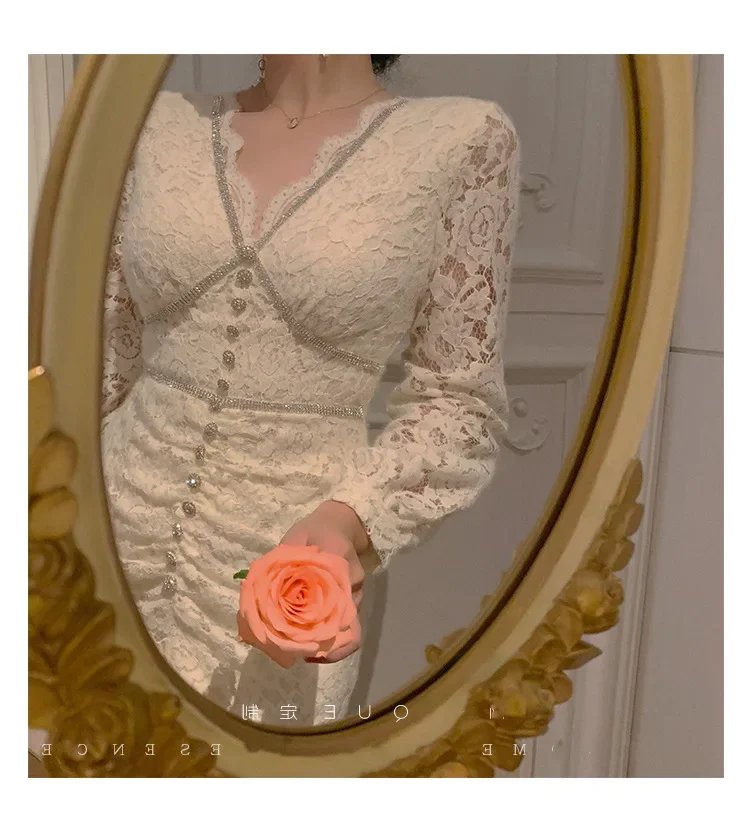 Fleepmart Autumn/Winter New Style Warm Soft Romantic French Style Fleece-Lined Lace Dress With Pearls