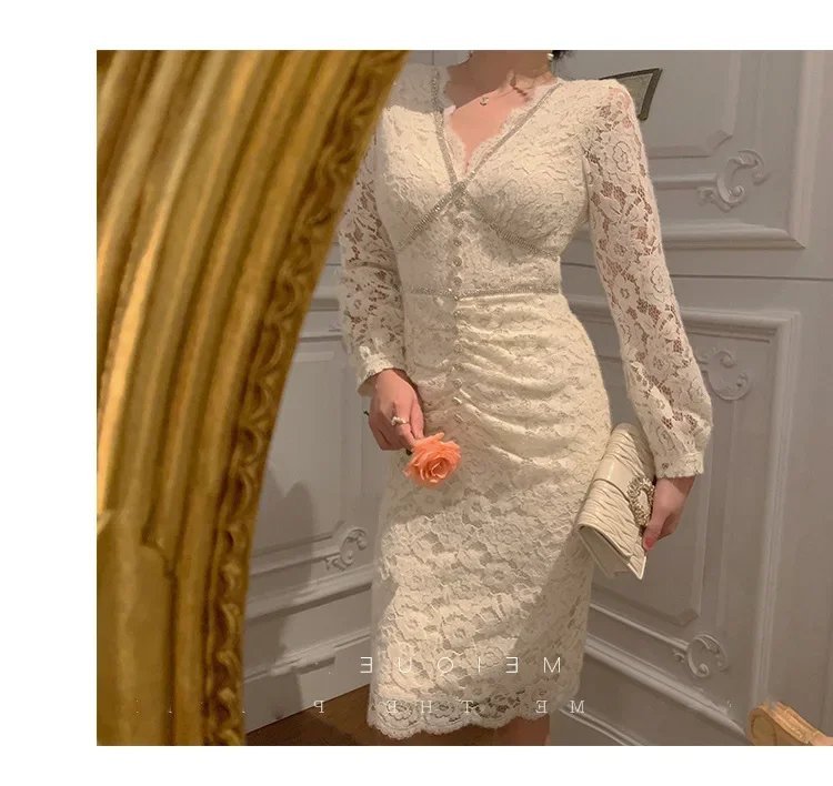 Fleepmart Autumn/Winter New Style Warm Soft Romantic French Style Fleece-Lined Lace Dress With Pearls