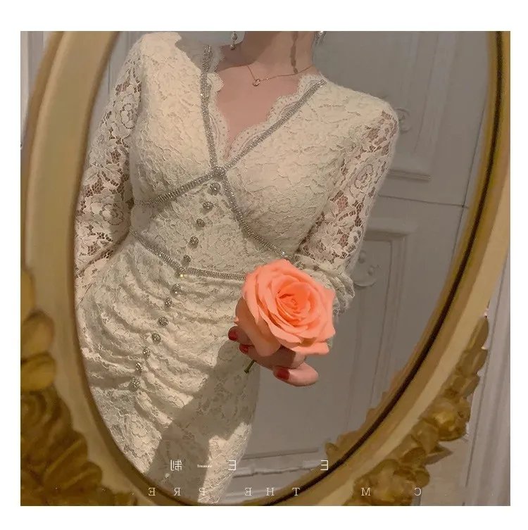 Fleepmart Autumn/Winter New Style Warm Soft Romantic French Style Fleece-Lined Lace Dress With Pearls