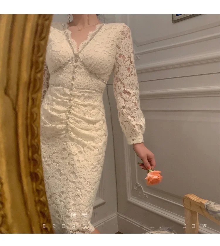 Fleepmart Autumn/Winter New Style Warm Soft Romantic French Style Fleece-Lined Lace Dress With Pearls