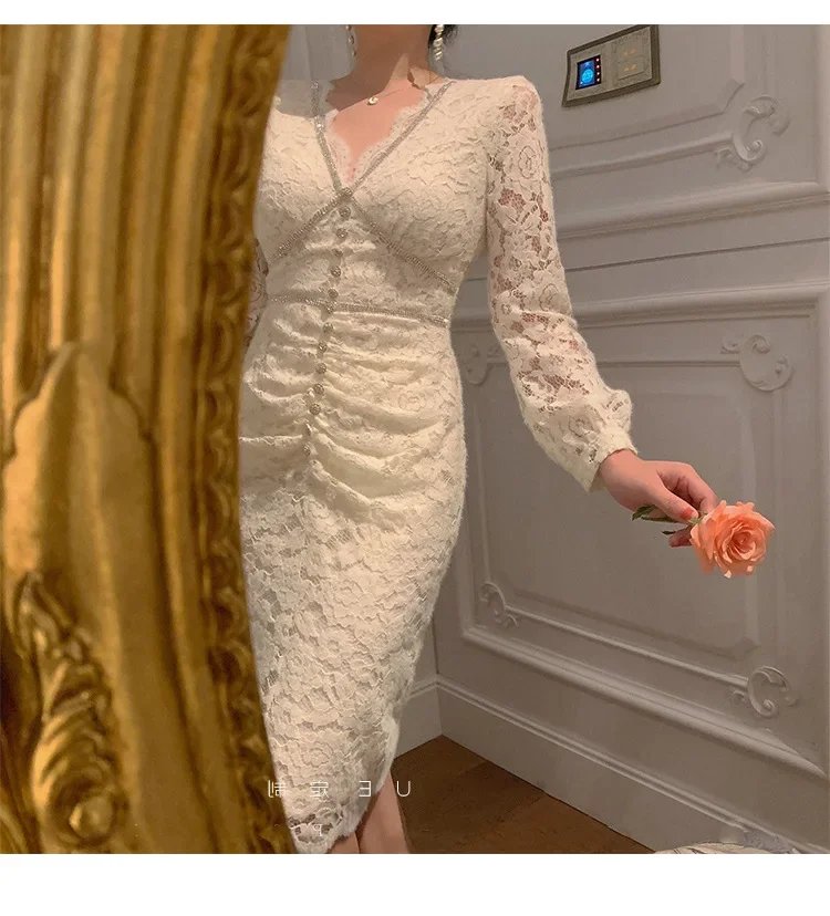 Fleepmart Autumn/Winter New Style Warm Soft Romantic French Style Fleece-Lined Lace Dress With Pearls