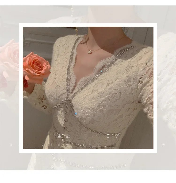 Fleepmart Autumn/Winter New Style Warm Soft Romantic French Style Fleece-Lined Lace Dress With Pearls