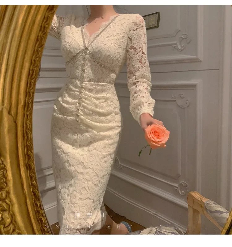 Fleepmart Autumn/Winter New Style Warm Soft Romantic French Style Fleece-Lined Lace Dress With Pearls