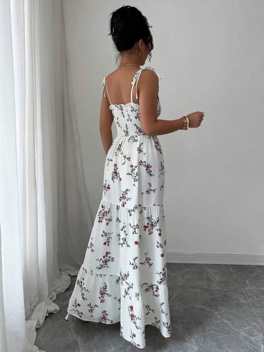 Fleepmart 2026 Women's Ditsy Floral Ruffle Hem Sleeveless Dress Vacation Appropriate Casual Maxi Gown for Spring/Summer