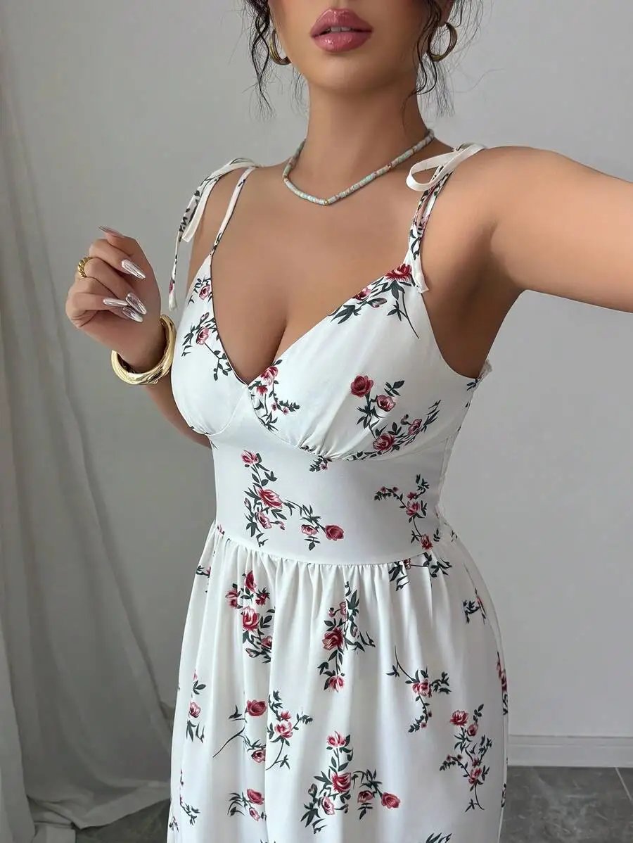 Fleepmart 2026 Women's Ditsy Floral Ruffle Hem Sleeveless Dress Vacation Appropriate Casual Maxi Gown for Spring/Summer