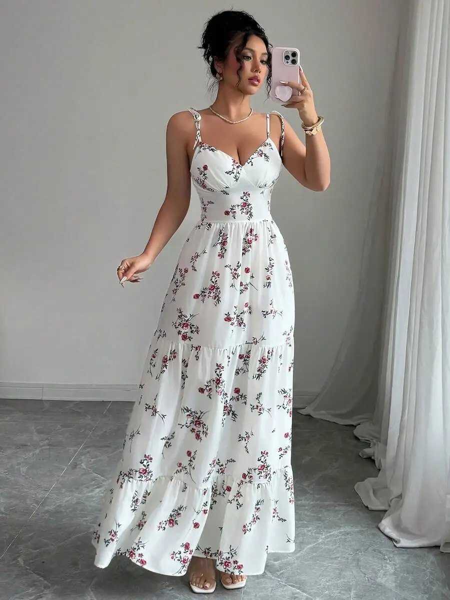 Fleepmart 2026 Women's Ditsy Floral Ruffle Hem Sleeveless Dress Vacation Appropriate Casual Maxi Gown for Spring/Summer