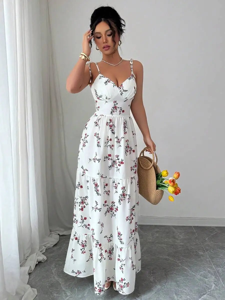 Fleepmart 2026 Women's Ditsy Floral Ruffle Hem Sleeveless Dress Vacation Appropriate Casual Maxi Gown for Spring/Summer
