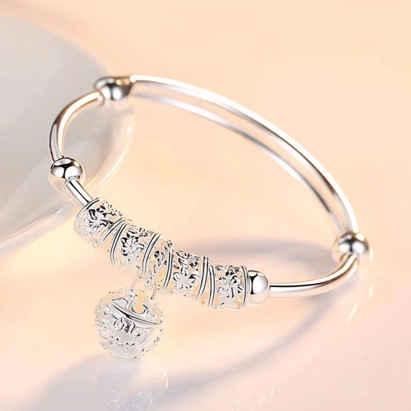 Fleepmart Fine 925 Sterling Silver Hollow Bells Ball Bangles Adjustable Bracelets For Women Fashion Holiday Gifts Party Wedding Jewelry