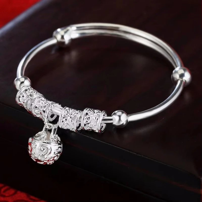 Fleepmart Fine 925 Sterling Silver Hollow Bells Ball Bangles Adjustable Bracelets For Women Fashion Holiday Gifts Party Wedding Jewelry