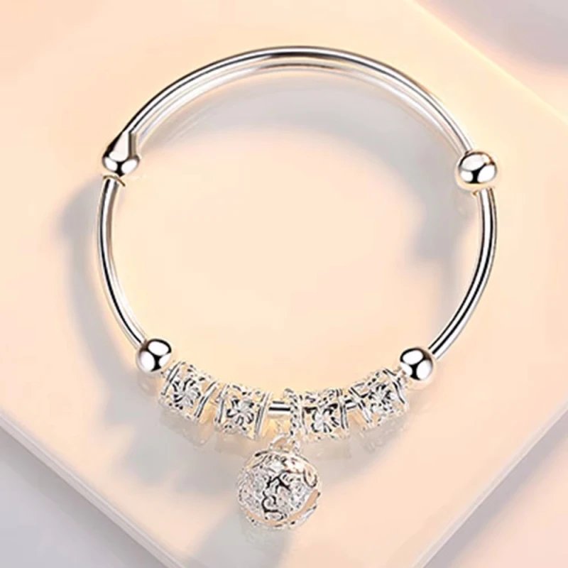 Fleepmart Fine 925 Sterling Silver Hollow Bells Ball Bangles Adjustable Bracelets For Women Fashion Holiday Gifts Party Wedding Jewelry