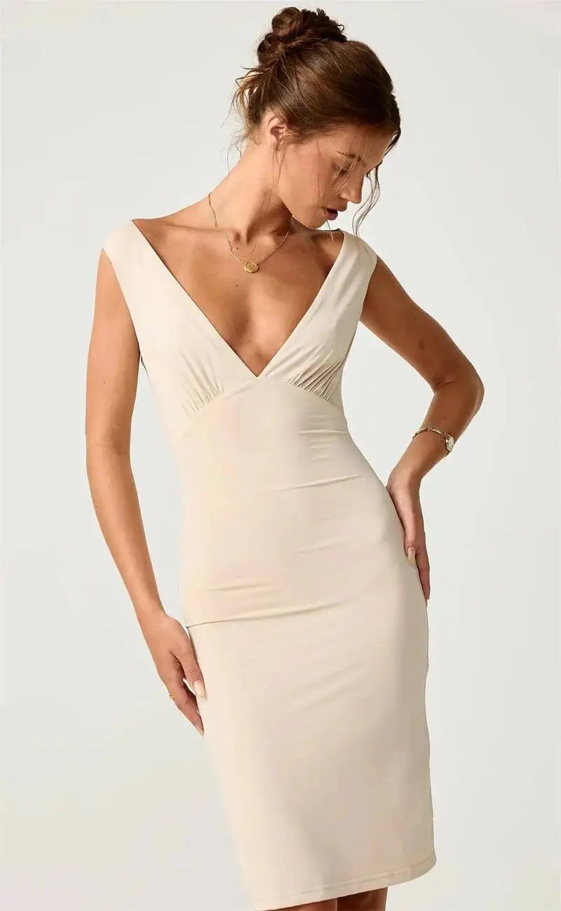 Fleepmart Women Deep V Neck Sleeveless Bodycon Midi Dress Elegant Solid Backless Club Party Dress Casual Summer Clubwear 2026