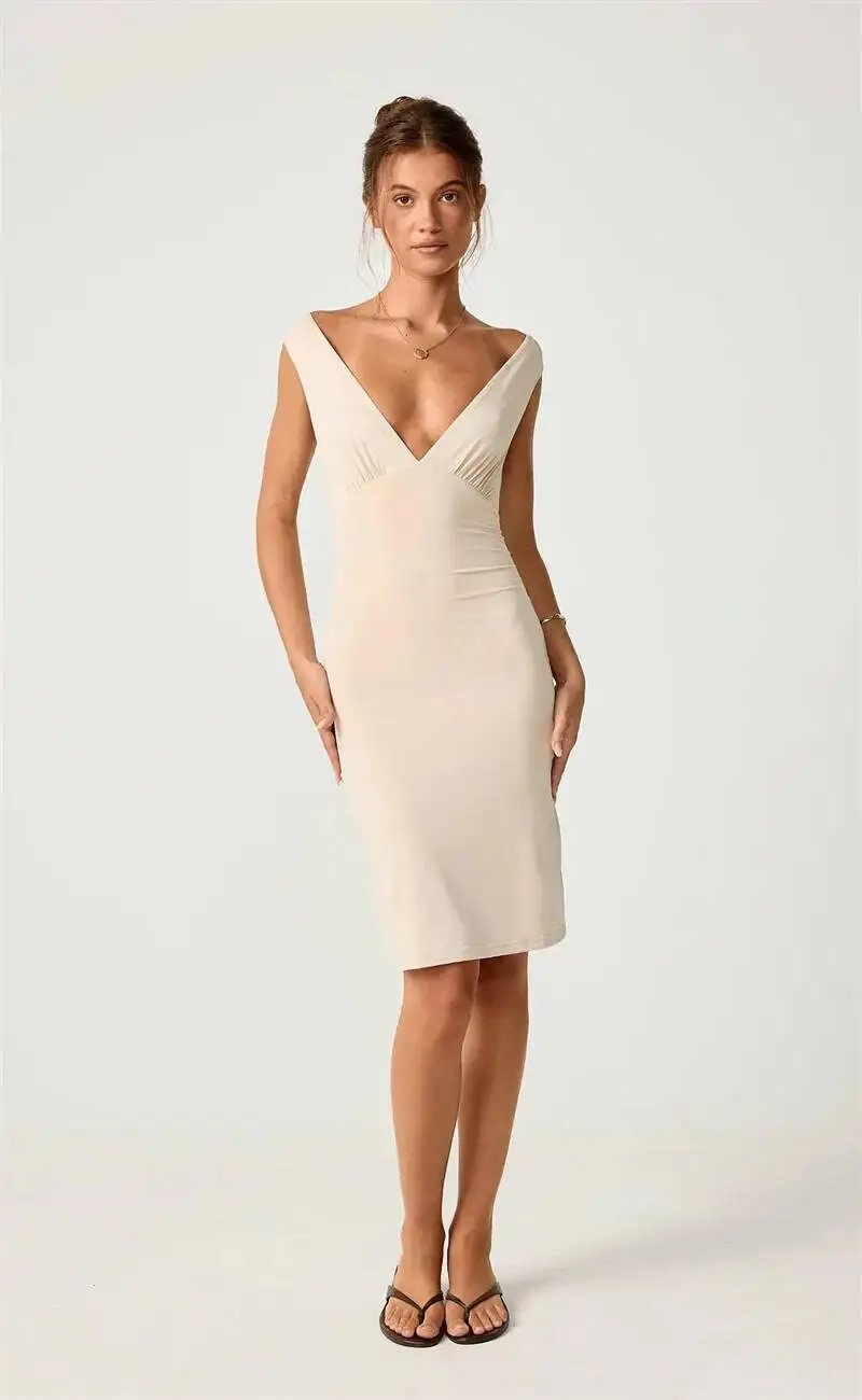 Fleepmart Women Deep V Neck Sleeveless Bodycon Midi Dress Elegant Solid Backless Club Party Dress Casual Summer Clubwear 2026