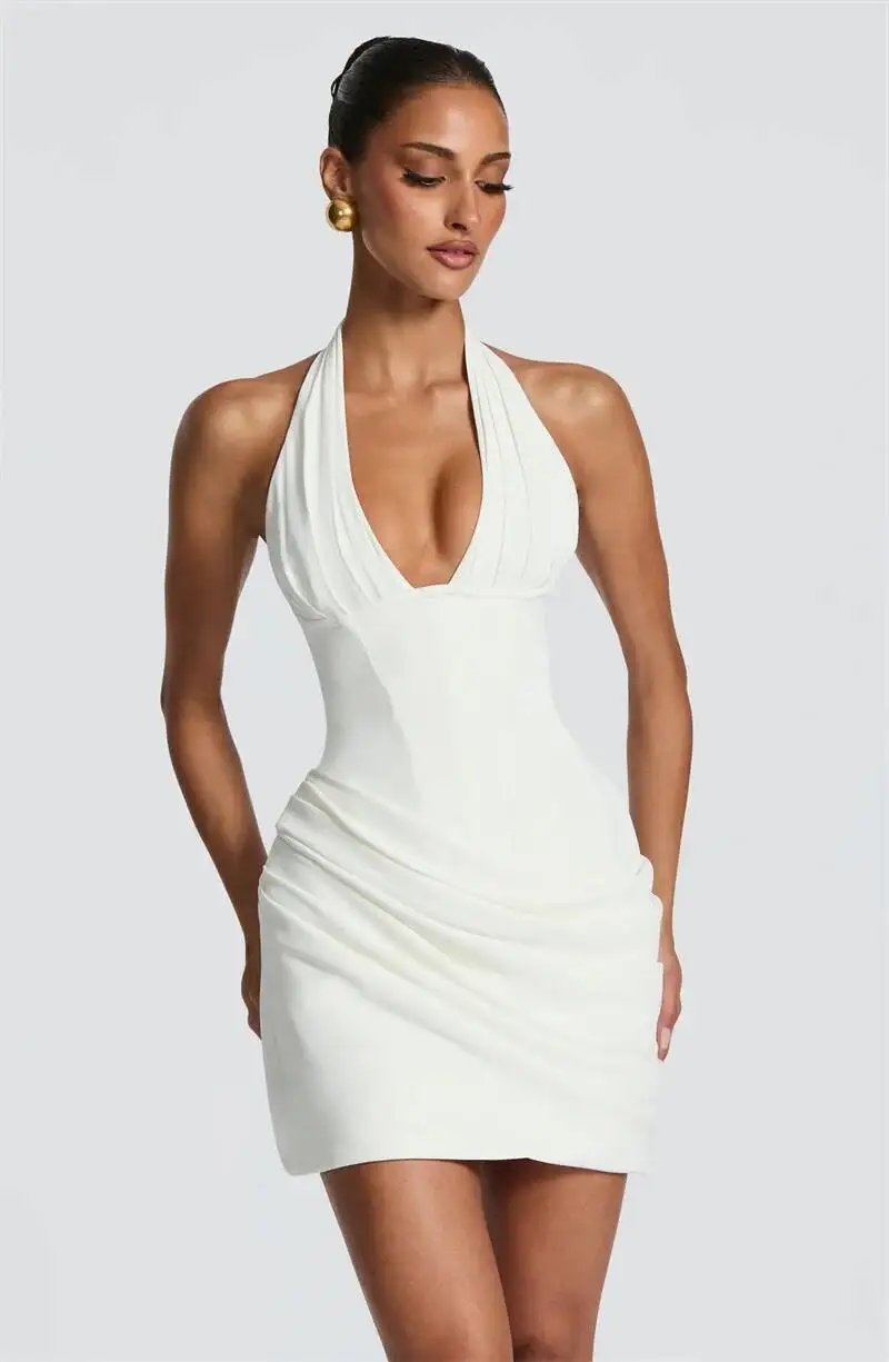 Fleepmart Halter Deep V Neck Sexy Mini Dress Women Elegant Sleeveless Backless Ruched Waist Bodycon Club Party Short Dresses