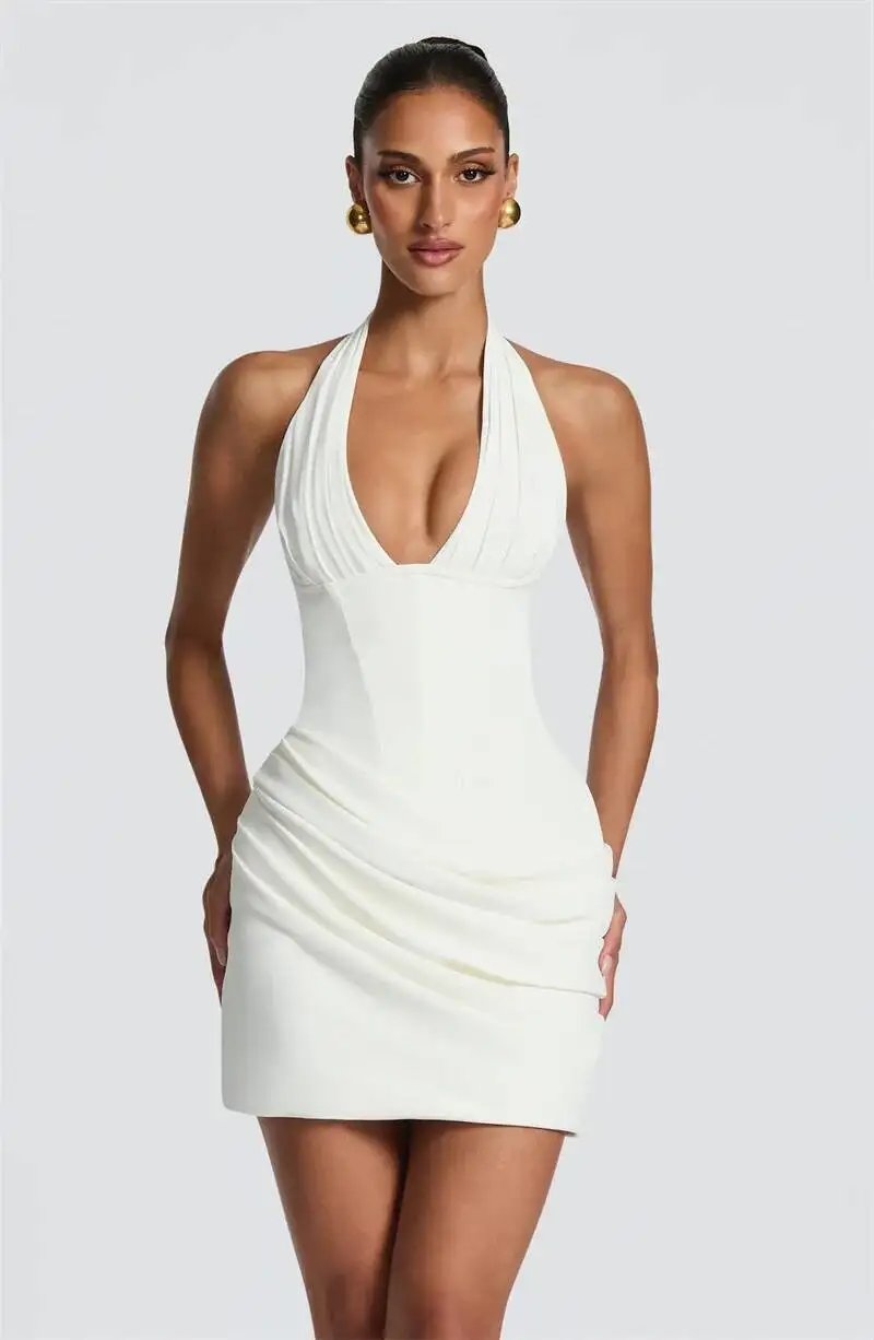 Fleepmart Halter Deep V Neck Sexy Mini Dress Women Elegant Sleeveless Backless Ruched Waist Bodycon Club Party Short Dresses