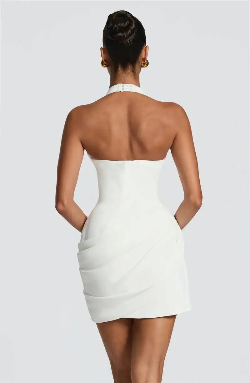 Fleepmart Halter Deep V Neck Sexy Mini Dress Women Elegant Sleeveless Backless Ruched Waist Bodycon Club Party Short Dresses