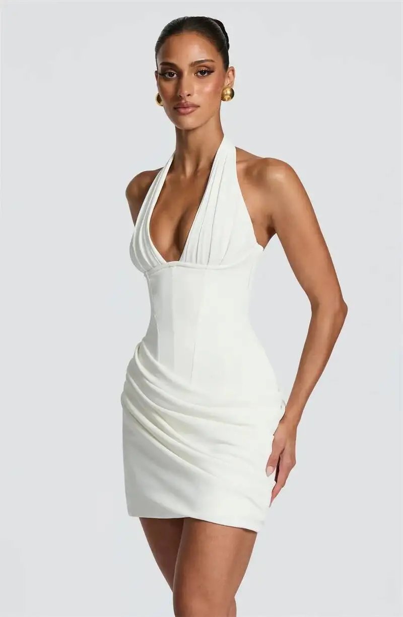 Fleepmart Halter Deep V Neck Sexy Mini Dress Women Elegant Sleeveless Backless Ruched Waist Bodycon Club Party Short Dresses