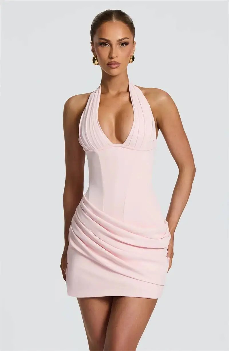 Fleepmart Halter Deep V Neck Sexy Mini Dress Women Elegant Sleeveless Backless Ruched Waist Bodycon Club Party Short Dresses