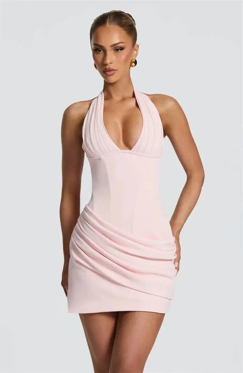 Fleepmart Halter Deep V Neck Sexy Mini Dress Women Elegant Sleeveless Backless Ruched Waist Bodycon Club Party Short Dresses