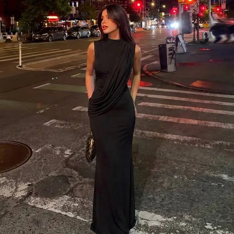 Fleepmart High Neck Draped Ruched Maxi Dress Women Elegant Sleeveless Bodycon Evening Club Party Long Dress Female Cocktail Gown