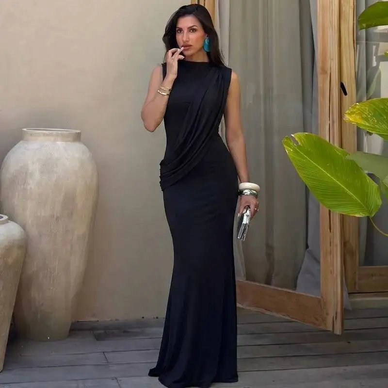 Fleepmart High Neck Draped Ruched Maxi Dress Women Elegant Sleeveless Bodycon Evening Club Party Long Dress Female Cocktail Gown