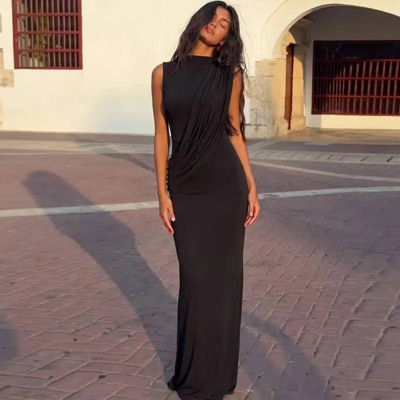 Fleepmart High Neck Draped Ruched Maxi Dress Women Elegant Sleeveless Bodycon Evening Club Party Long Dress Female Cocktail Gown