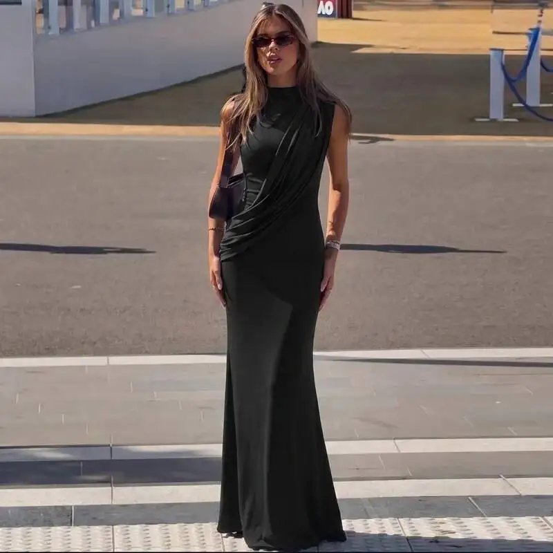Fleepmart High Neck Draped Ruched Maxi Dress Women Elegant Sleeveless Bodycon Evening Club Party Long Dress Female Cocktail Gown