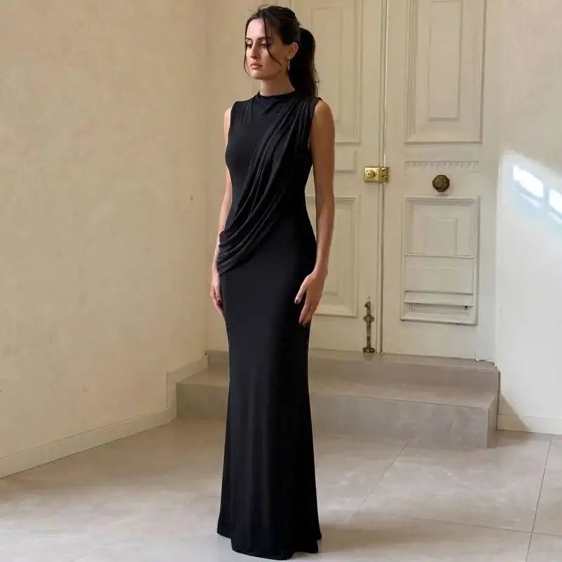 Fleepmart High Neck Draped Ruched Maxi Dress Women Elegant Sleeveless Bodycon Evening Club Party Long Dress Female Cocktail Gown