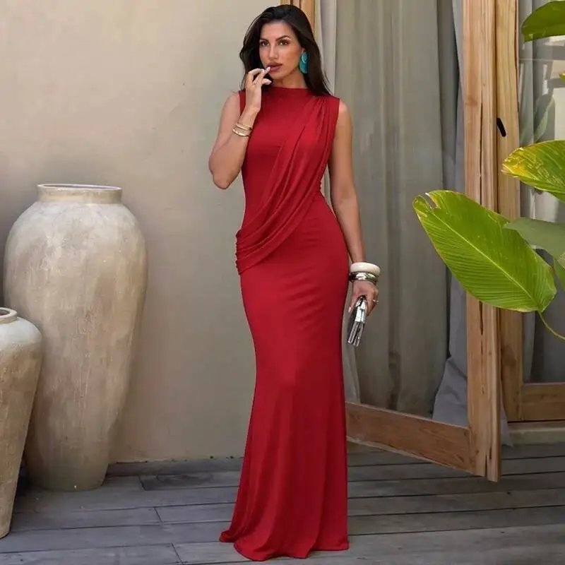 Fleepmart High Neck Draped Ruched Maxi Dress Women Elegant Sleeveless Bodycon Evening Club Party Long Dress Female Cocktail Gown
