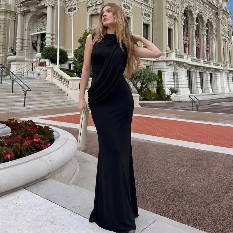 Fleepmart High Neck Draped Ruched Maxi Dress Women Elegant Sleeveless Bodycon Evening Club Party Long Dress Female Cocktail Gown
