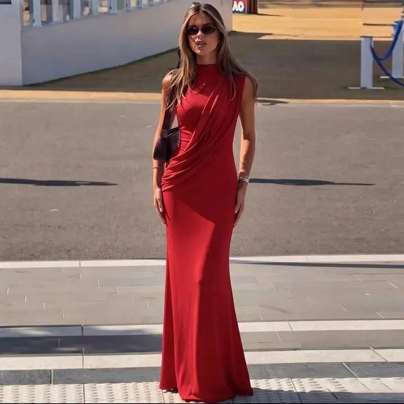 Fleepmart High Neck Draped Ruched Maxi Dress Women Elegant Sleeveless Bodycon Evening Club Party Long Dress Female Cocktail Gown