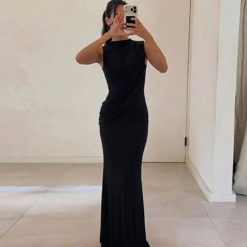 Fleepmart High Neck Draped Ruched Maxi Dress Women Elegant Sleeveless Bodycon Evening Club Party Long Dress Female Cocktail Gown