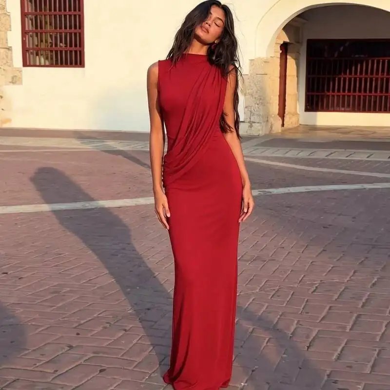 Fleepmart High Neck Draped Ruched Maxi Dress Women Elegant Sleeveless Bodycon Evening Club Party Long Dress Female Cocktail Gown