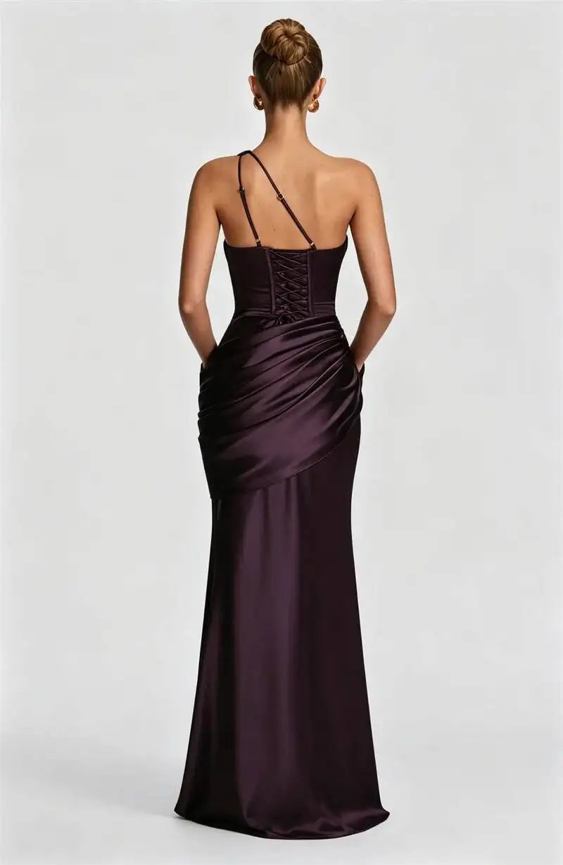 Fleepmart Satin One Shoulder Sexy Maxi Dress Women Elegant Diagonal Collar Cutout Ruched Bodycon Mermaid Long Evening Party Gown