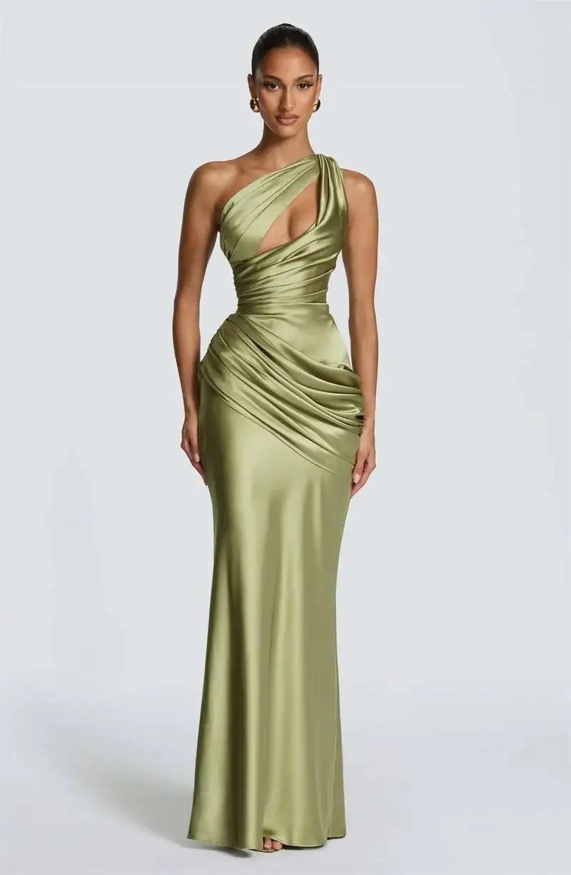 Fleepmart Satin One Shoulder Sexy Maxi Dress Women Elegant Diagonal Collar Cutout Ruched Bodycon Mermaid Long Evening Party Gown