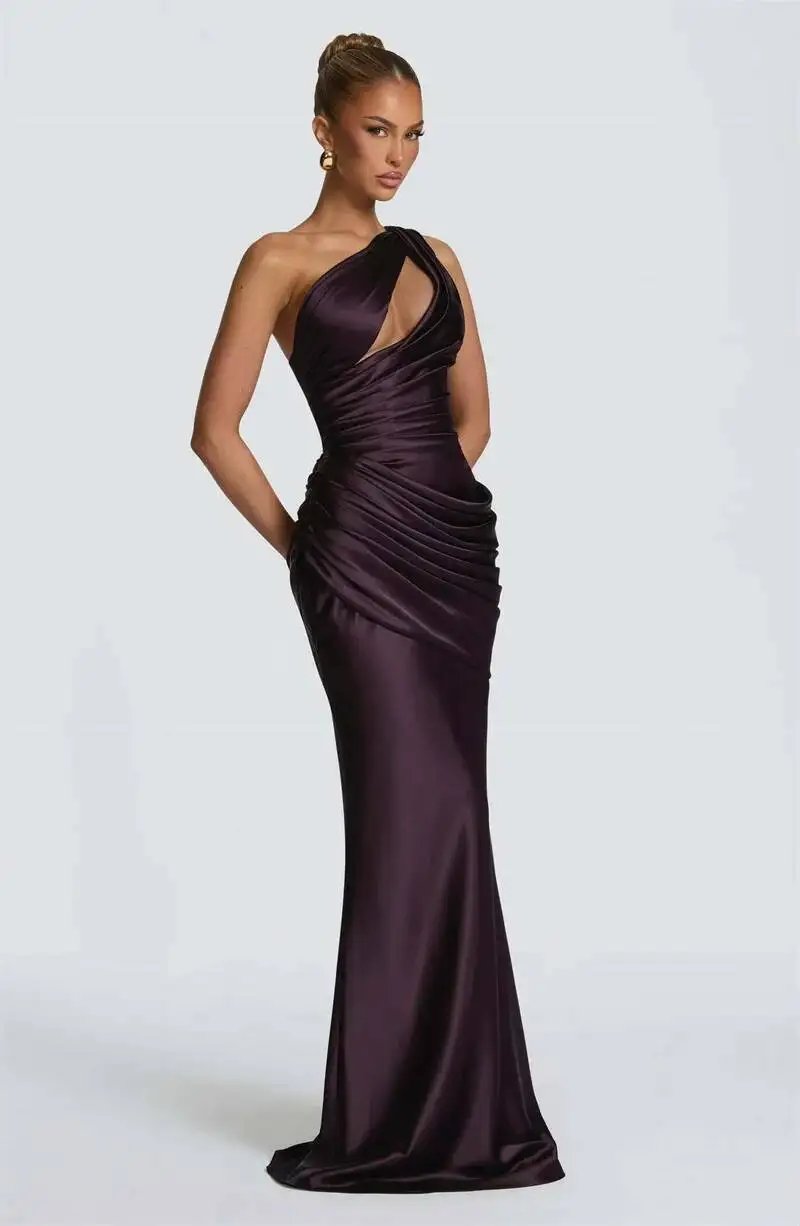 Fleepmart Satin One Shoulder Sexy Maxi Dress Women Elegant Diagonal Collar Cutout Ruched Bodycon Mermaid Long Evening Party Gown