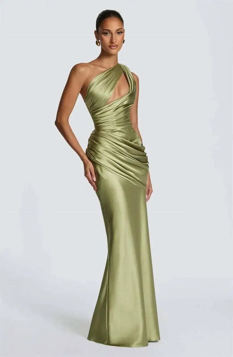 Fleepmart Satin One Shoulder Sexy Maxi Dress Women Elegant Diagonal Collar Cutout Ruched Bodycon Mermaid Long Evening Party Gown