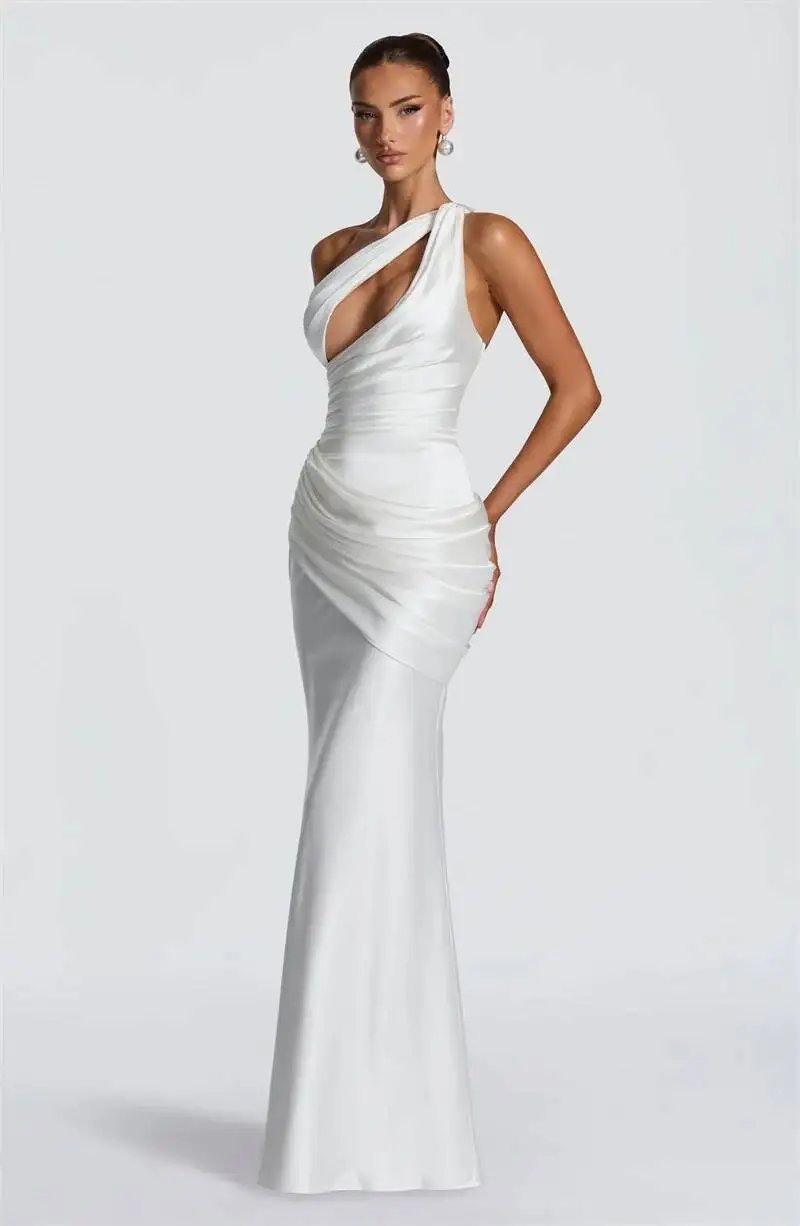 Fleepmart Satin One Shoulder Sexy Maxi Dress Women Elegant Diagonal Collar Cutout Ruched Bodycon Mermaid Long Evening Party Gown