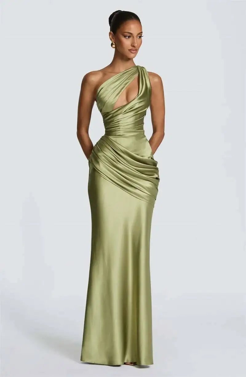 Fleepmart Satin One Shoulder Sexy Maxi Dress Women Elegant Diagonal Collar Cutout Ruched Bodycon Mermaid Long Evening Party Gown
