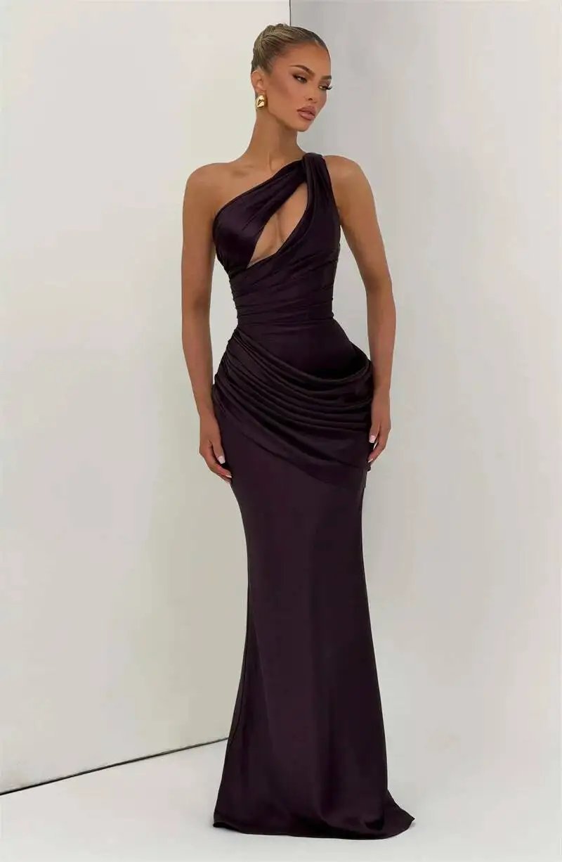 Fleepmart Satin One Shoulder Sexy Maxi Dress Women Elegant Diagonal Collar Cutout Ruched Bodycon Mermaid Long Evening Party Gown