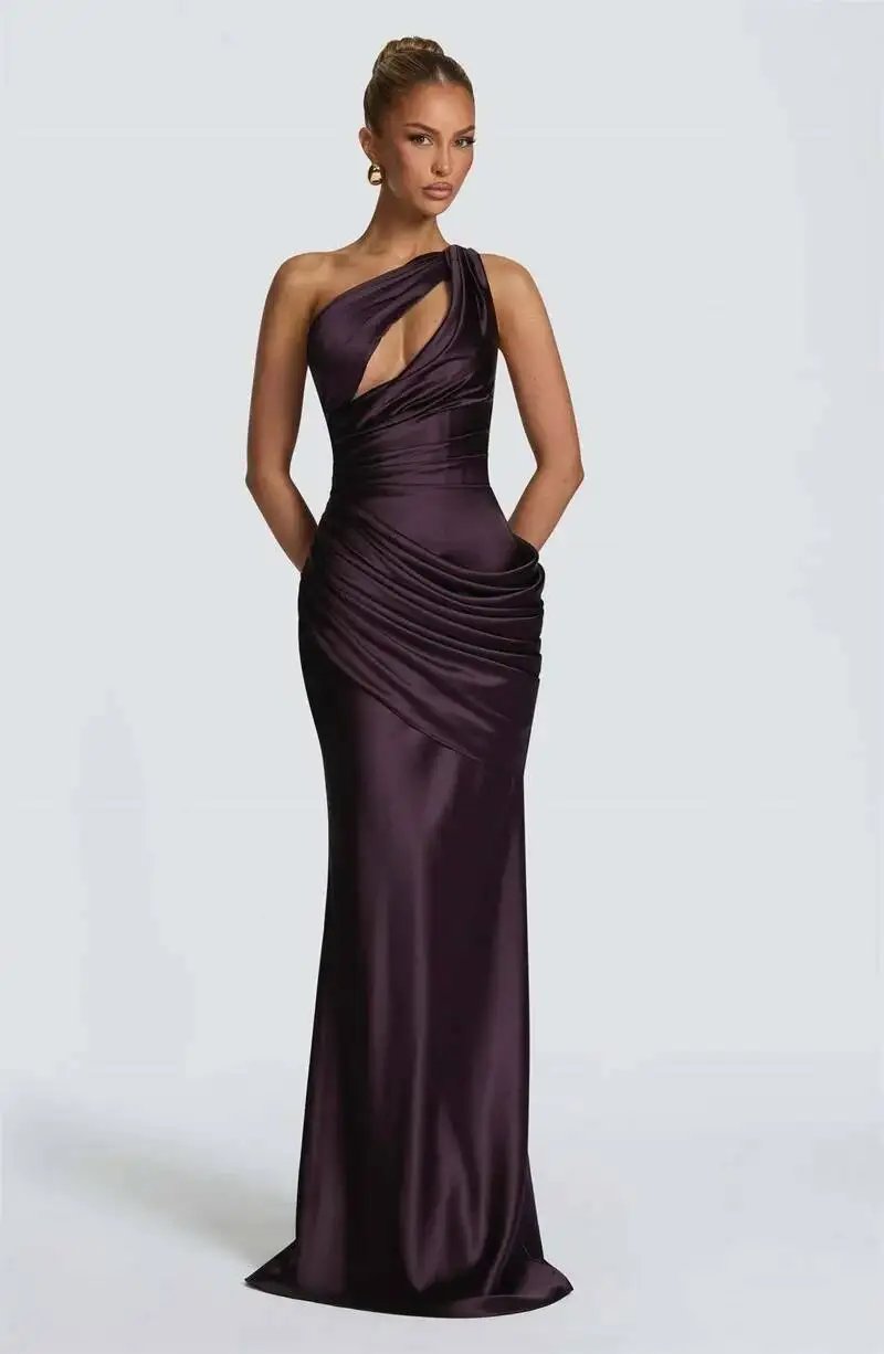 Fleepmart Satin One Shoulder Sexy Maxi Dress Women Elegant Diagonal Collar Cutout Ruched Bodycon Mermaid Long Evening Party Gown